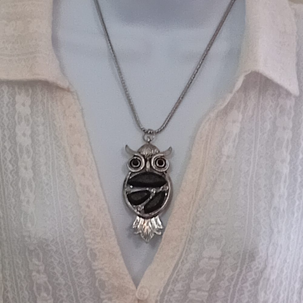 Silver and Black Owl Pendant Necklace